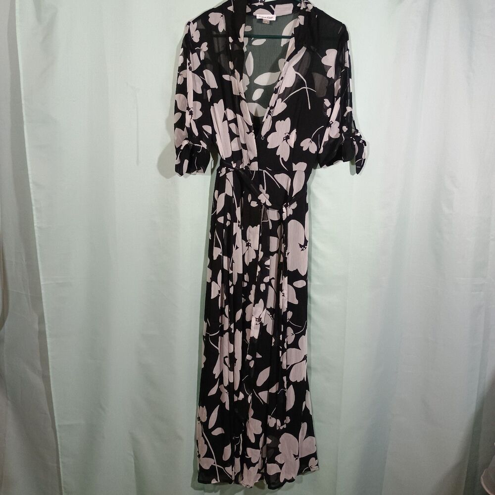 Black Floral Midi Dress – Short Sleeve Tie Waist Elegant Flow Dress